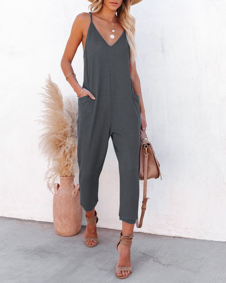 Damen lässiger Jumpsuit mit tiefem V-Ausschnitt und praktischen Seitentaschen R&B