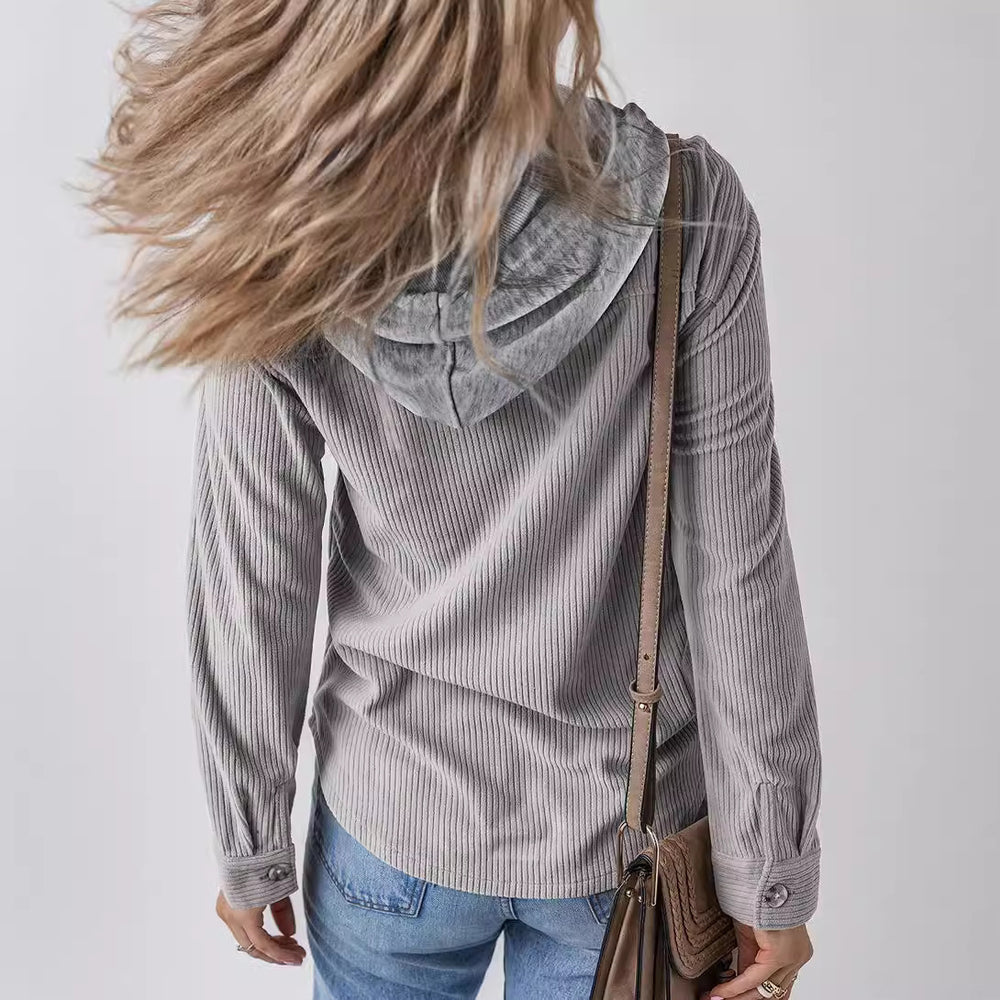 Damen lässige Rippenstruktur Hemdjacke mit Kapuze R&B