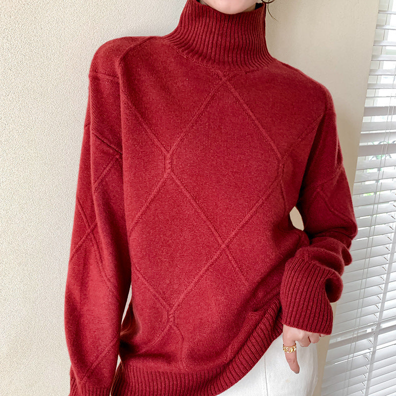 Damen Strickpullover mit hohem Kragen und Rautenmuster R&B
