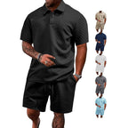 Herren nan geprägtes Waffel-Polo mit Kentkragen und elastischer Tunnelzugshorts im Set R&B