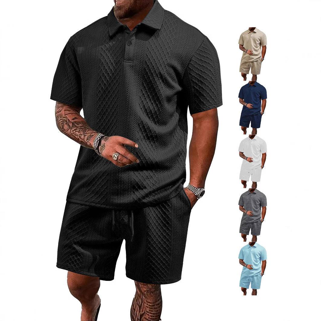 Herren nan geprägtes Waffel-Polo mit Kentkragen und elastischer Tunnelzugshorts im Set R&B