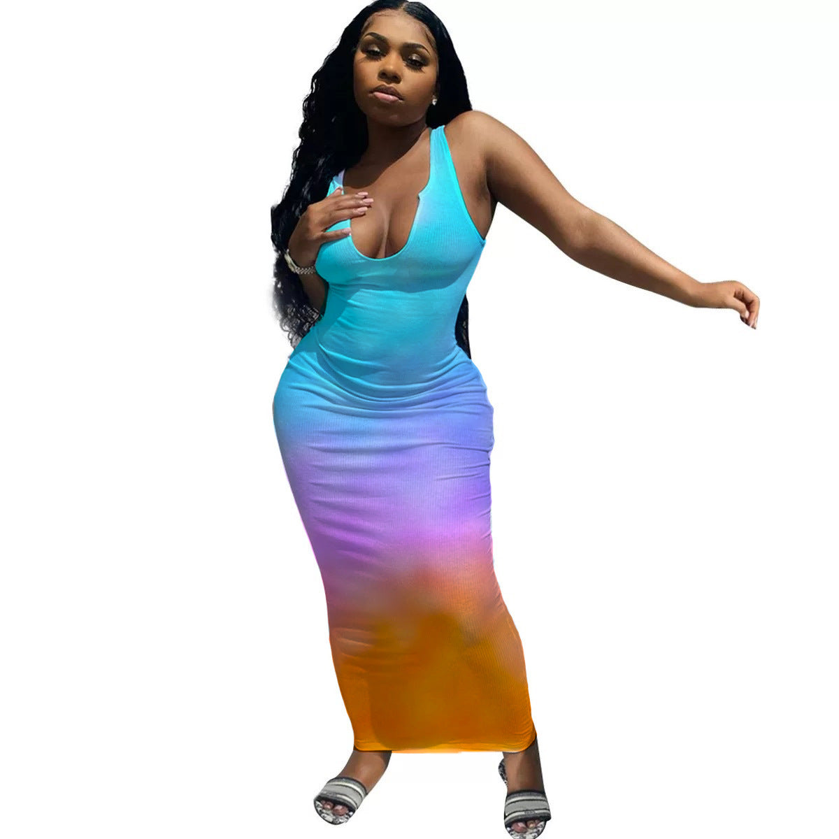 Damen Maxikleid mit tiefem Ausschnitt und Farbverlauf R&B