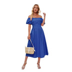 Damen Off-Shoulder Maxikleid mit voluminösen Puffärmeln und seitlichen Taschen R&B