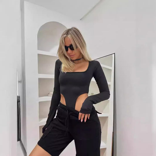 Damen Figurbetontes Bodysuit mit kreativen Cut-Out-Details und langen Ärmeln R&B