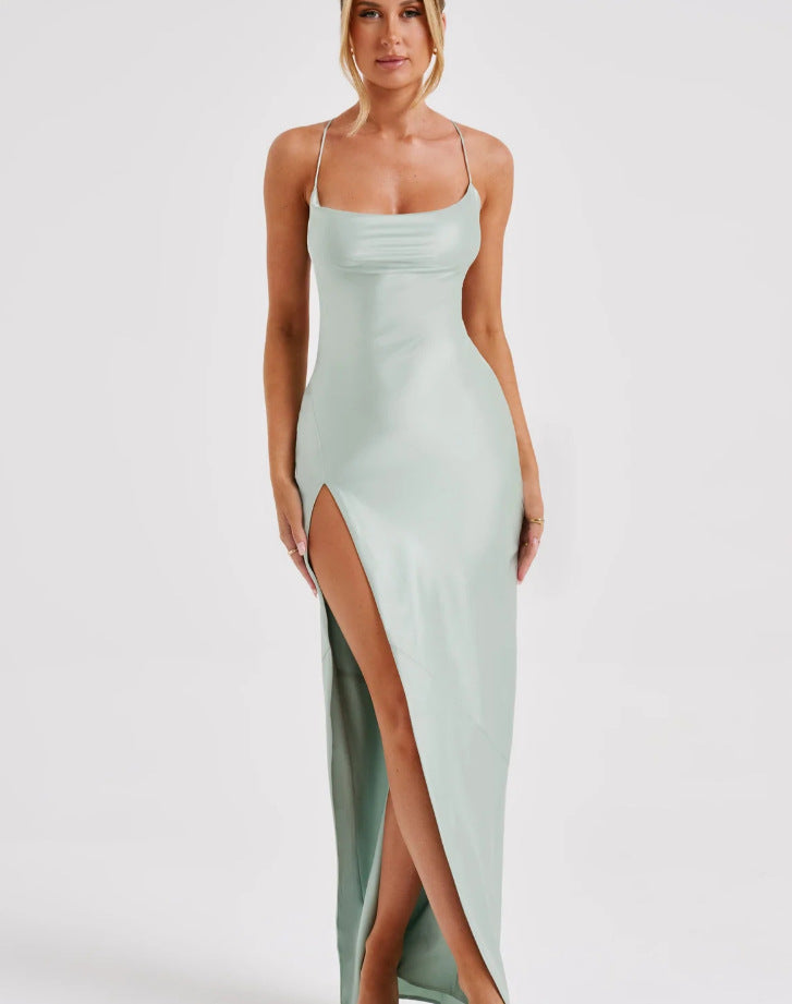 Damen Elegantes Maxikleid mit hochhängendem Schlitz und schmalem Trägerdesign R&B
