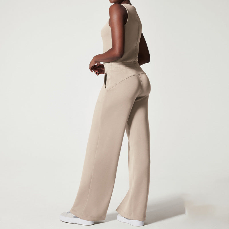 Damen nan ärmelloser Strick-Overall mit weitem Palazzo-Bein, Kordelbund und aufgesetzten Taschen R&B