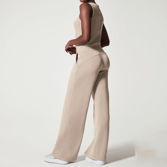 Damen nan ärmelloser Strick-Overall mit weitem Palazzo-Bein, Kordelbund und aufgesetzten Taschen R&B