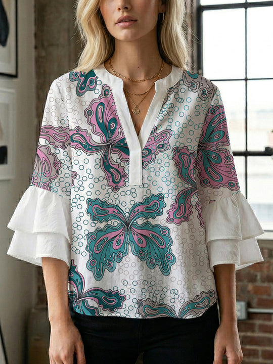 Damen Bluse mit voluminösen Rüschenärmeln und kreativem Floraldesign R&B