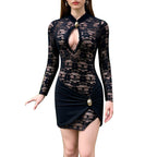 Damen Spitzenkleid mit tiefem V-Ausschnitt und raffiniertem Wickel-Design