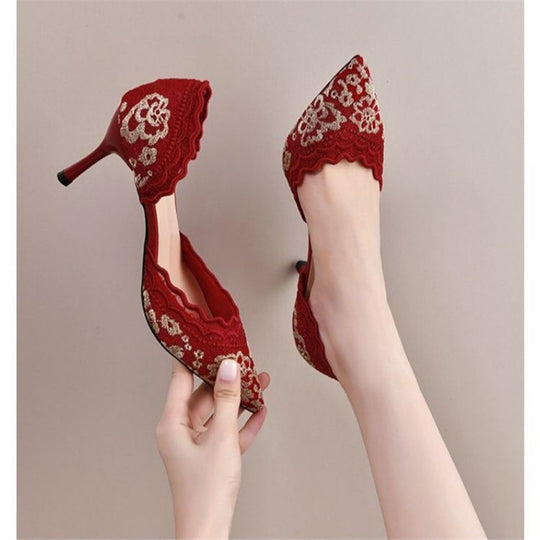 Damen elegante High Heel Schuhe mit raffiniertem Spitzenmuster R&B