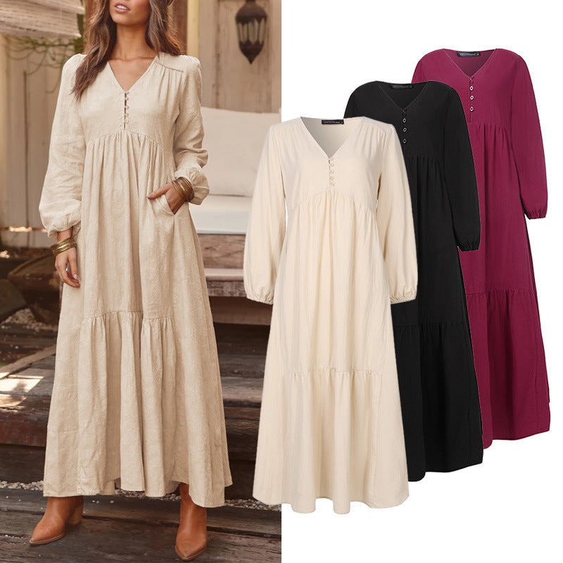Damen nan luftiges Maxikleid mit V-Ausschnitt, Langarm und Eingrifftaschen R&B