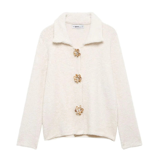 Damen flauschige Strickjacke mit dekorativen Blumenknöpfen R&B
