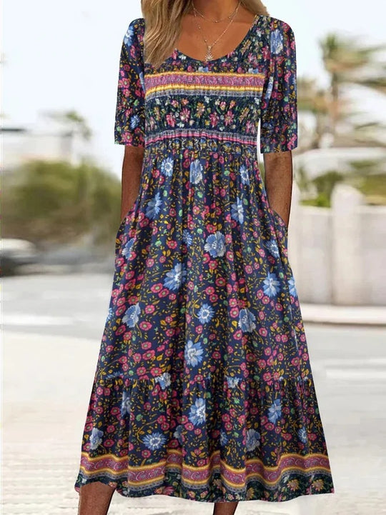 R&B | Rundhalsausschnitt Kurzarm Bohemian Print Kleid Frauen
