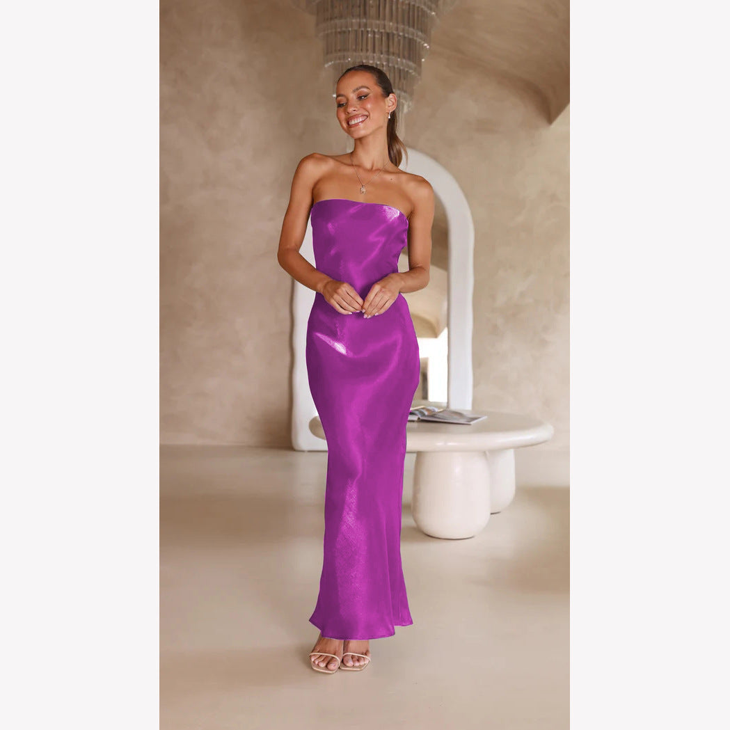 Damen Elegantes Bandeau-Maxikleid mit fließendem Satin und körpernaher Silhouette R&B