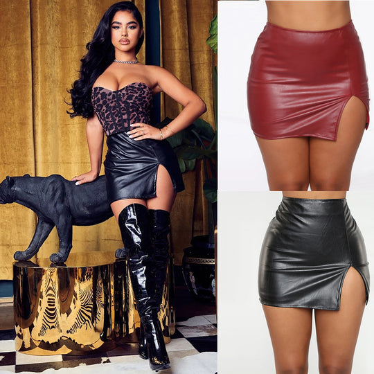 Damen Kunstleder Minirock mit asymmetrischem Schlitz und hohem Taillenbund R&B