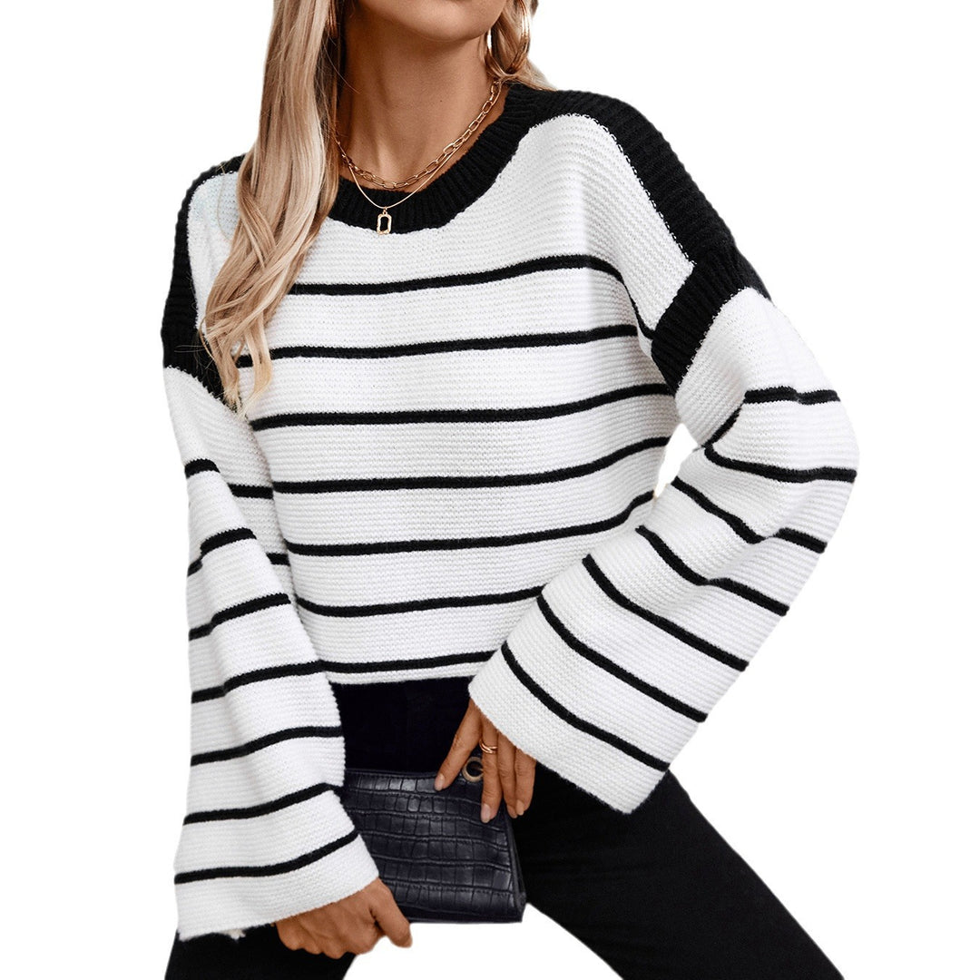 Damen lässiger Strickpullover mit blockierendem Streifenmuster und weitem Schnitt R&B