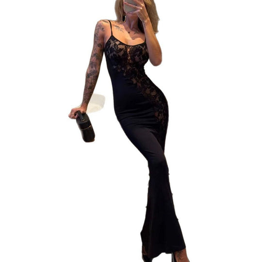 Damen Elegantes Spitzen-Maxi-Kleid mit Spaghettiträgern und figurbetonendem Schnitt R&B