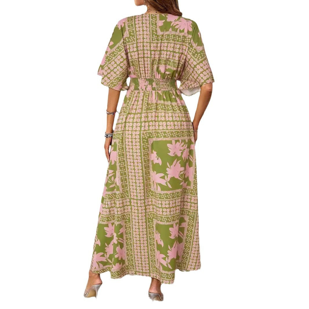 Damen Maxikleid im Boho-Stil mit tiefem V-Ausschnitt und seitlichem Schlitz R&B