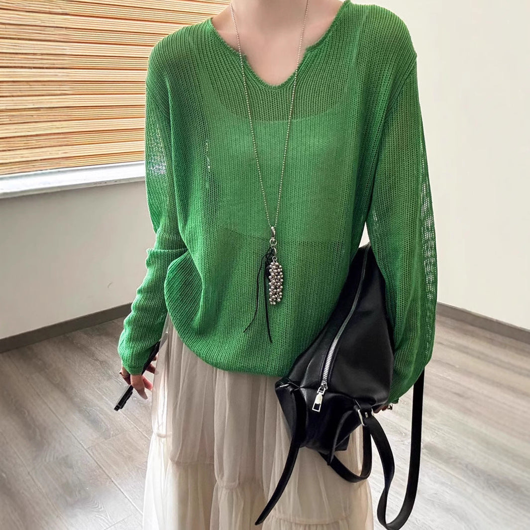 Damen luftiger Strickpullover mit V-Ausschnitt und lässigem Schnitt R&B