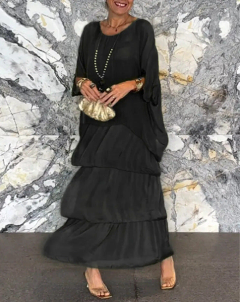Damen nan bodenlanges Stufenkleid mit weiten Fledermausärmeln und lockerer Silhouette R&B