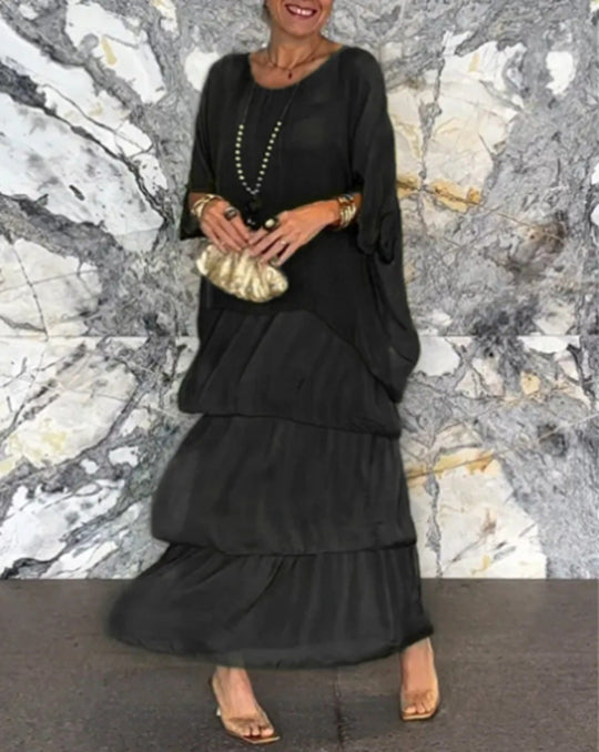 Damen nan bodenlanges Stufenkleid mit weiten Fledermausärmeln und lockerer Silhouette R&B