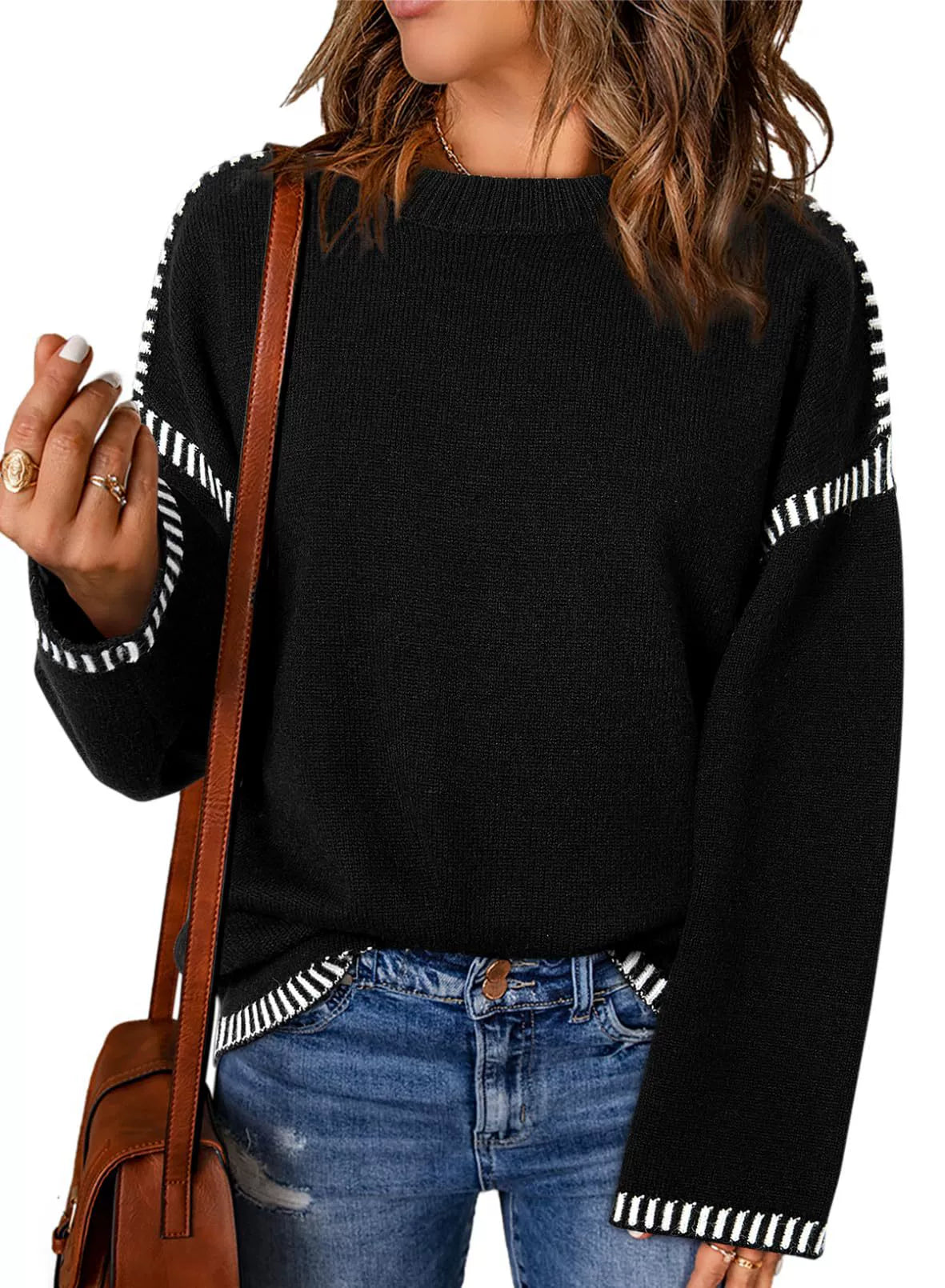 R&B | Lockere Passform Kabelstrick Rundhalsausschnitt Langarm mit Streifenbesatz