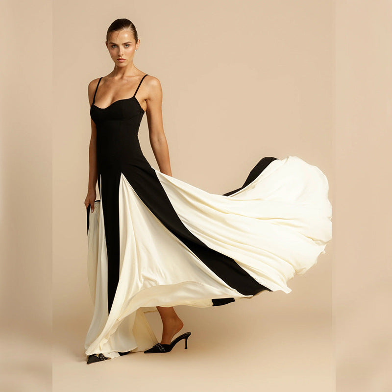 Damen Elegantes Maxikleid mit kontrastrierenden Stoffbahnen und schmalen Trägern R&B