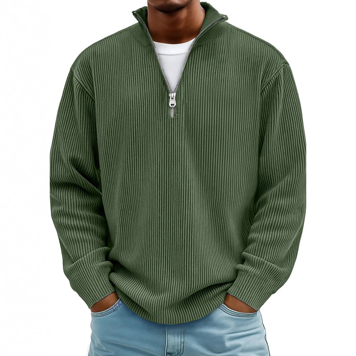 Herren nan gerippter Strickpullover mit halbem Reißverschluss und Stehkragen R&B