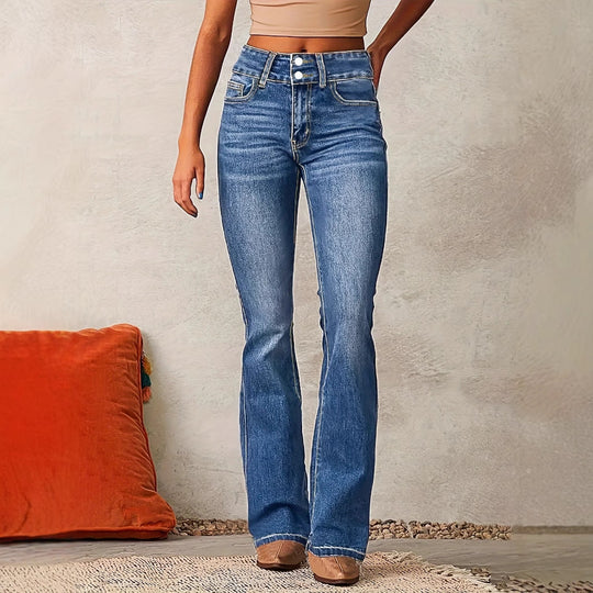 Damen Hohe Taille Flared Jeans mit dekorativen Knopfdetails und figurschmeichelndem Schnitt R&B