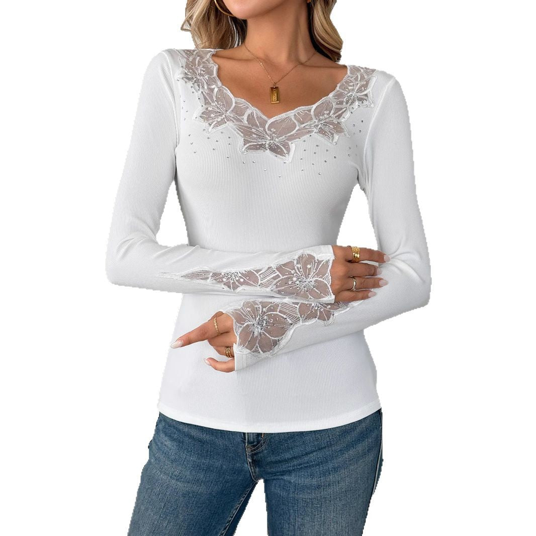 Damen nan figurbetonte Feinstrickbluse mit V-Ausschnitt und floraler Spitzenapplikation R&B