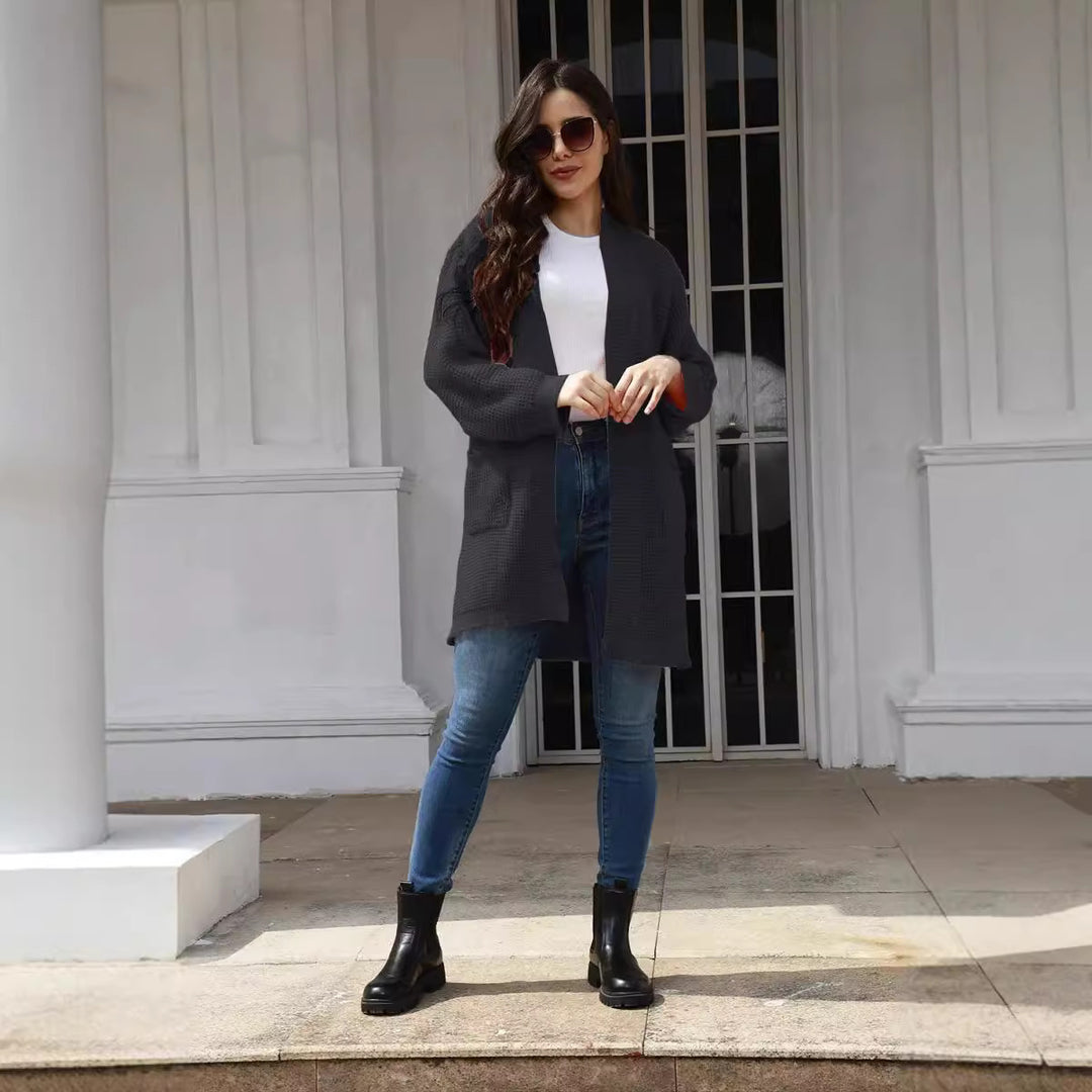 Damen lässiger Strickcardigan mit offenen Taschen und modernem Waffelmuster R&B