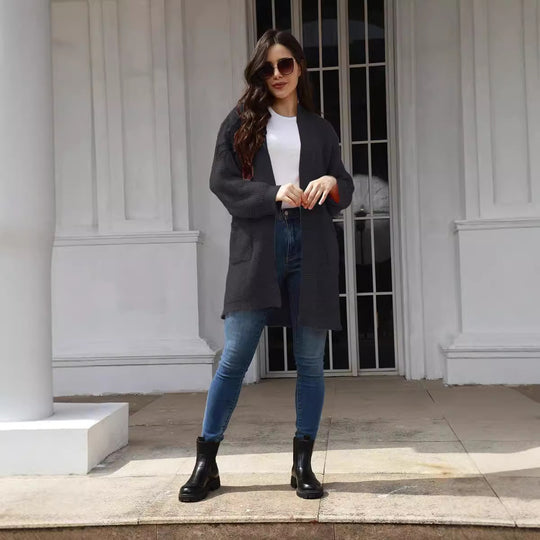 Damen lässiger Strickcardigan mit offenen Taschen und modernem Waffelmuster R&B