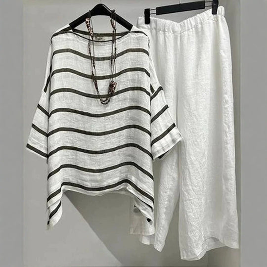 Damen nan lässiges Leinen-Set mit asymmetrischer Streifenbluse und weiter Elastikbund-Hose R&B
