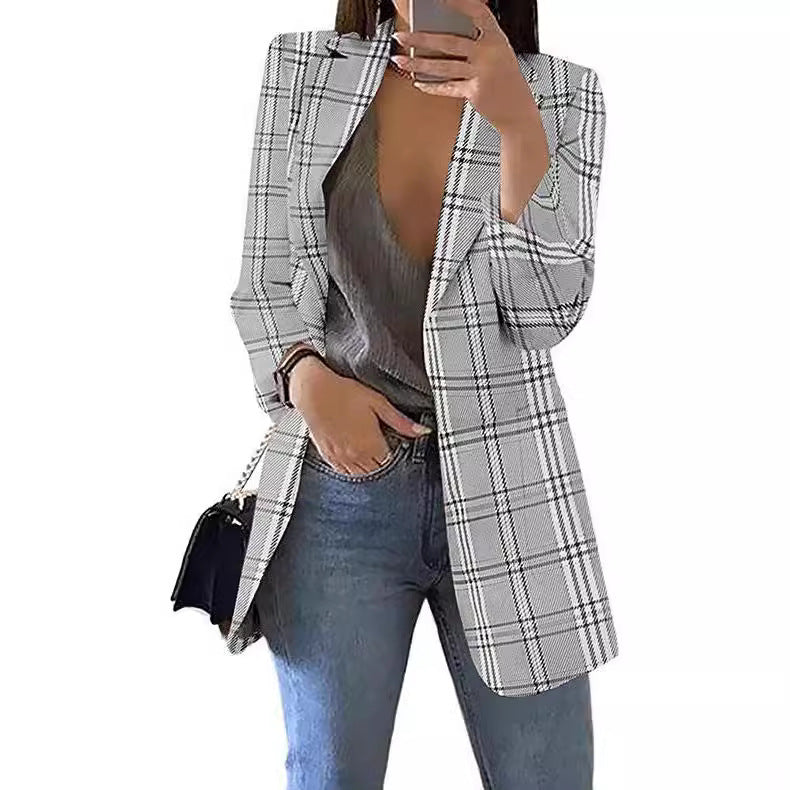 Damen nan taillierter Karoblazer Longline mit strukturierter Schulterpartie und offener Front R&B