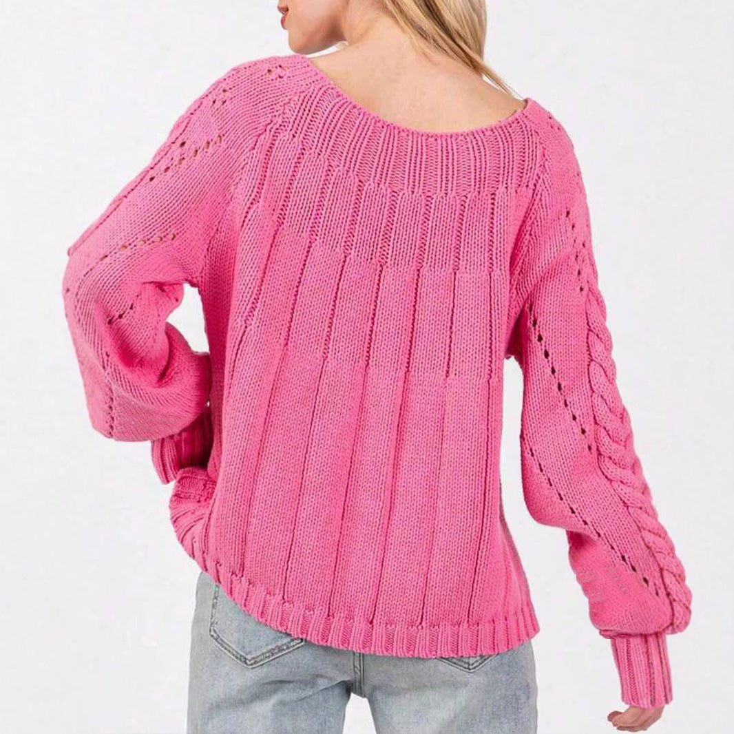 Damen Grobstrickpullover mit voluminösen Ärmeln und feinem Lochmuster R&B