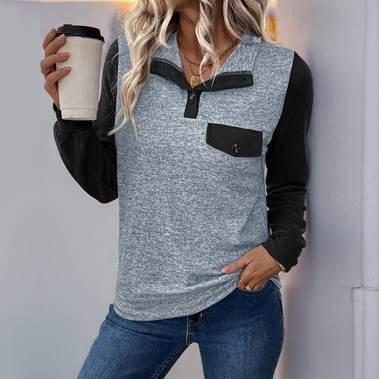 Damen modischer Langarm-Pullover mit praktischer Brusttasche und Knopfleiste R&B