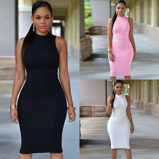 Damen figurbetontes Midi-Kleid mit hohem Kragen R&B