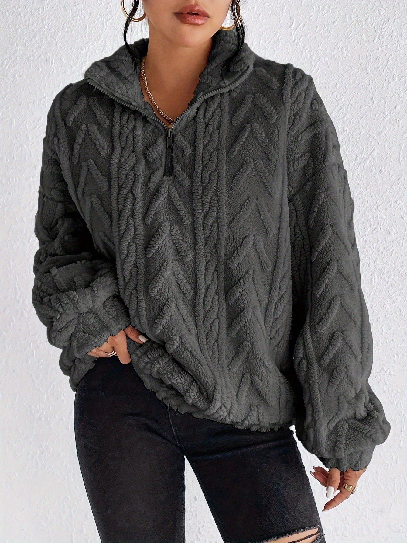 Damen Fleece Pullover mit hohem Kragen und strukturiertem Design R&B