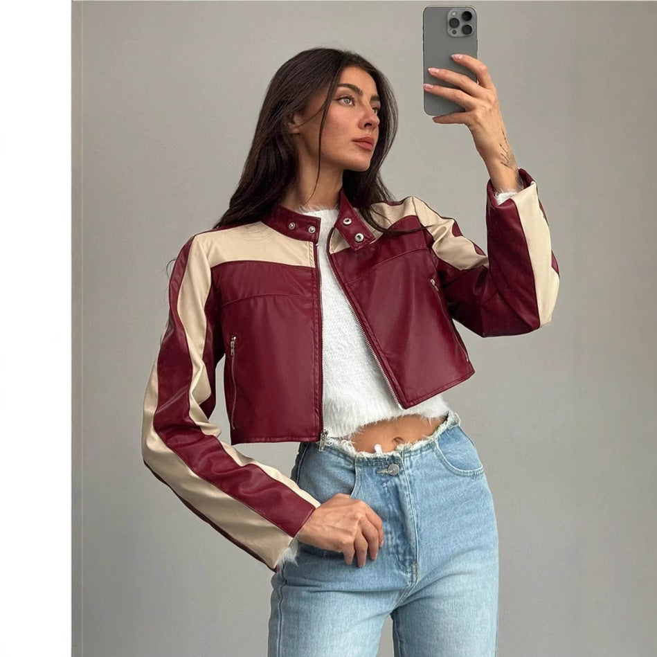 Damen cropped Kunstlederjacke mit kontrastierenden Einsätzen R&B