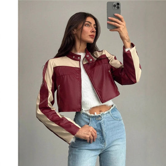 Damen cropped Kunstlederjacke mit kontrastierenden Einsätzen R&B
