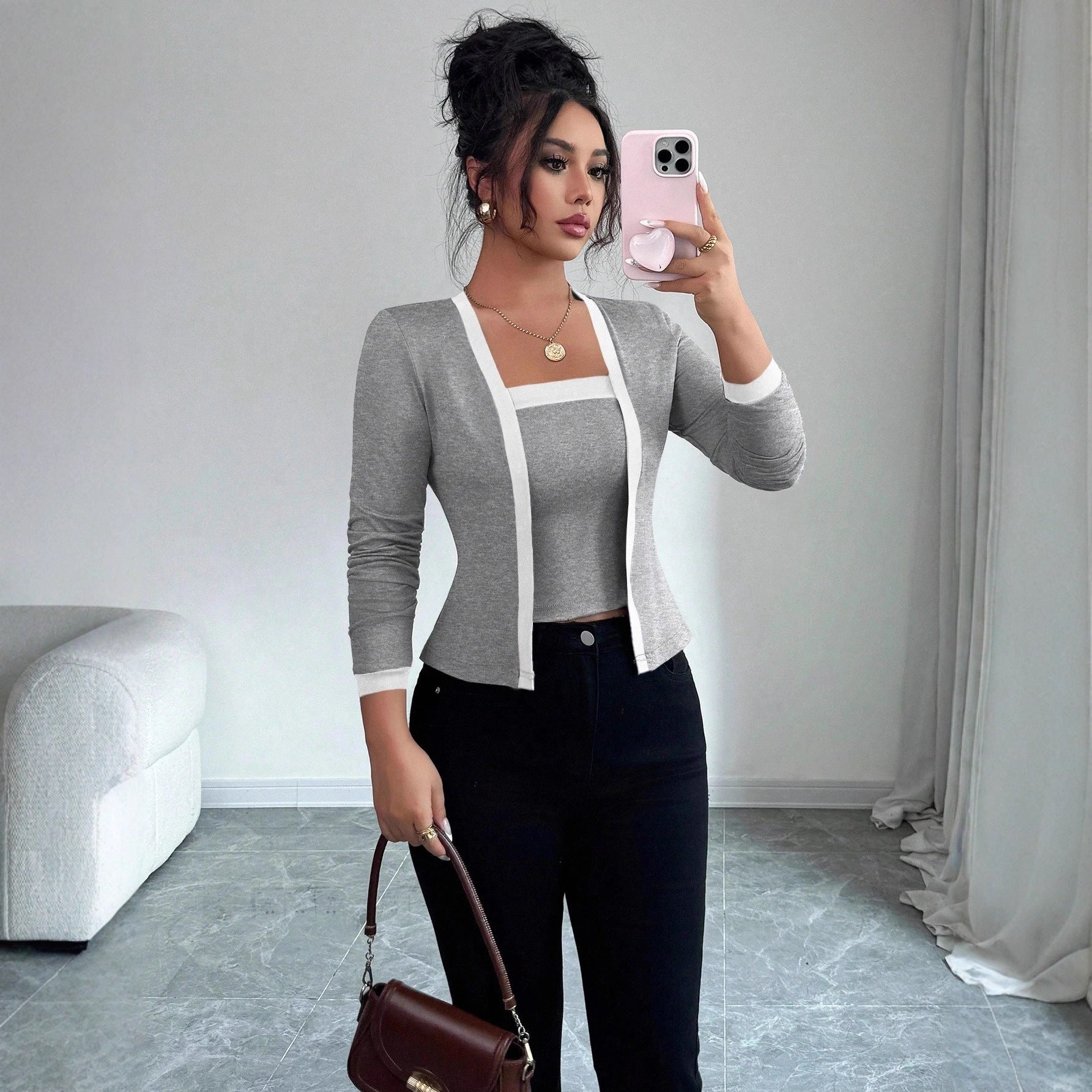 Damen nan tailliertes Jäckchen mit integriertem Bustier-Einsatz und Kontrastbesatz R&B