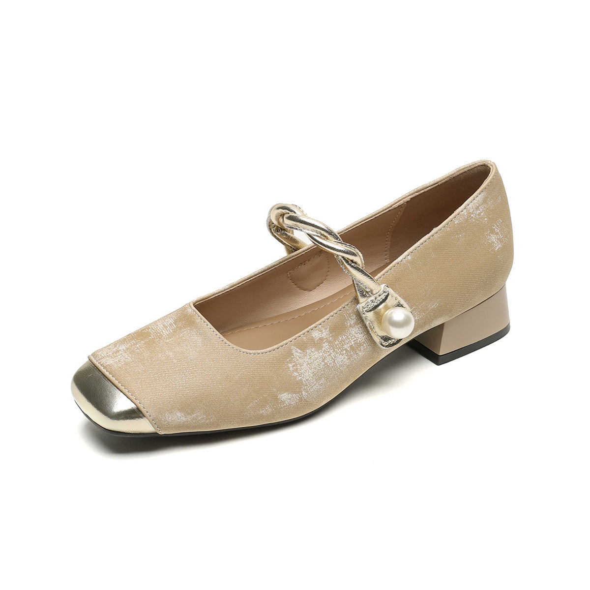 Damen elegante Ballerinas mit luxuriösem Perlenschmuck und modischem Riemendesign