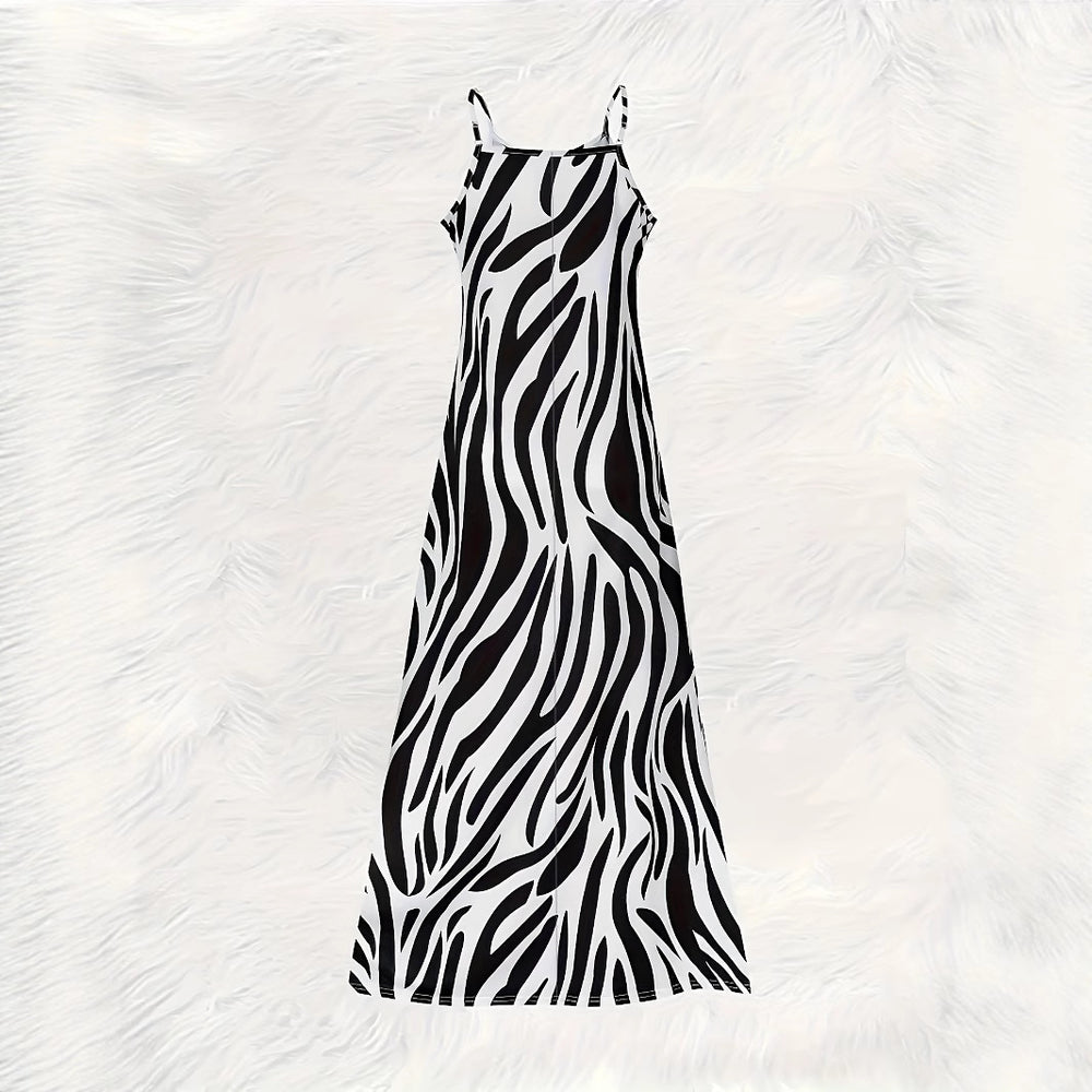 Damen Maxikleid im modernen Zebra-Design mit schmalen Trägern und fließender Silhouette R&B