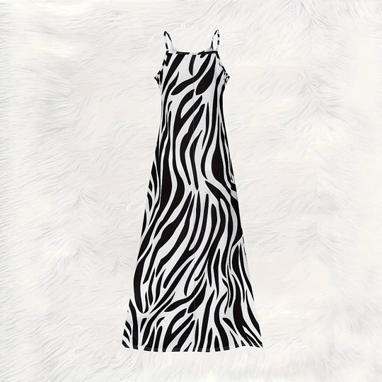 Damen Maxikleid im modernen Zebra-Design mit schmalen Trägern und fließender Silhouette R&B