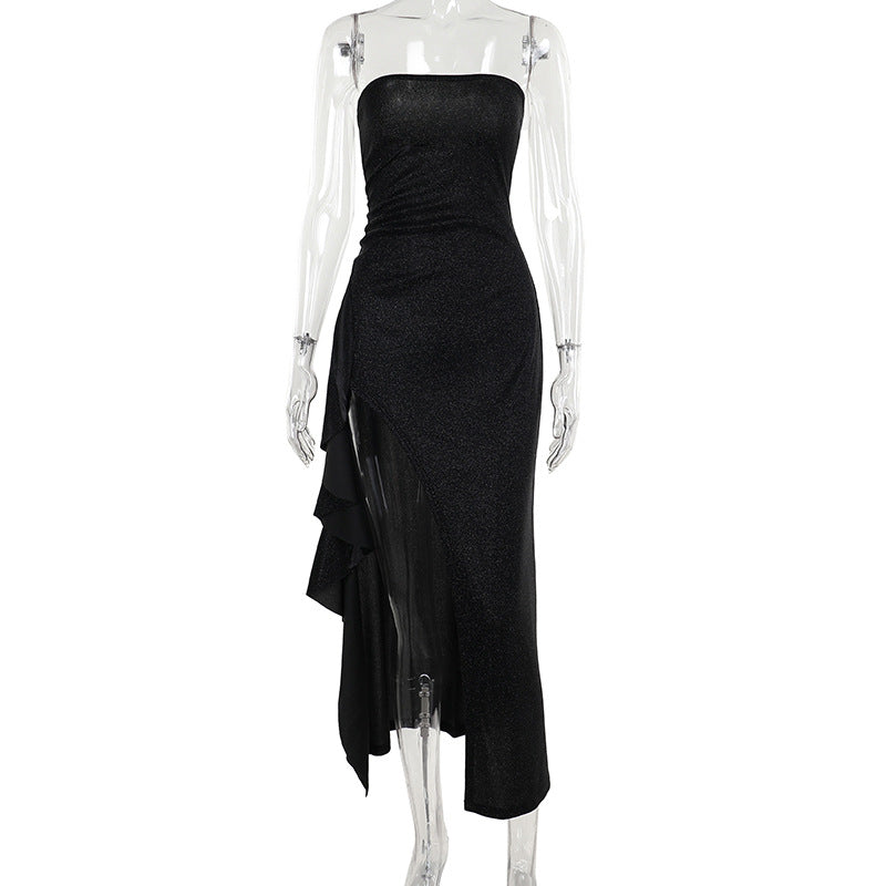 Damen elegantes schulterfreies Abendkleid mit asymmetrischem Volant R&B