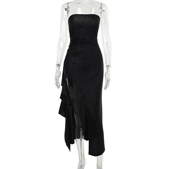 Damen elegantes schulterfreies Abendkleid mit asymmetrischem Volant R&B
