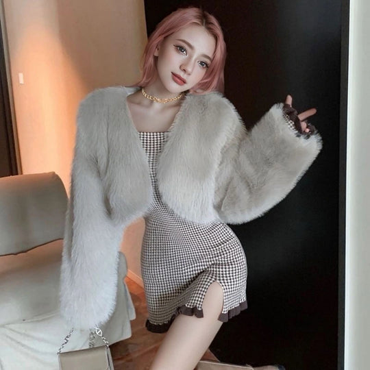 Damen Flauschige Schulterjacke mit weit geschnittenen Ärmeln R&B