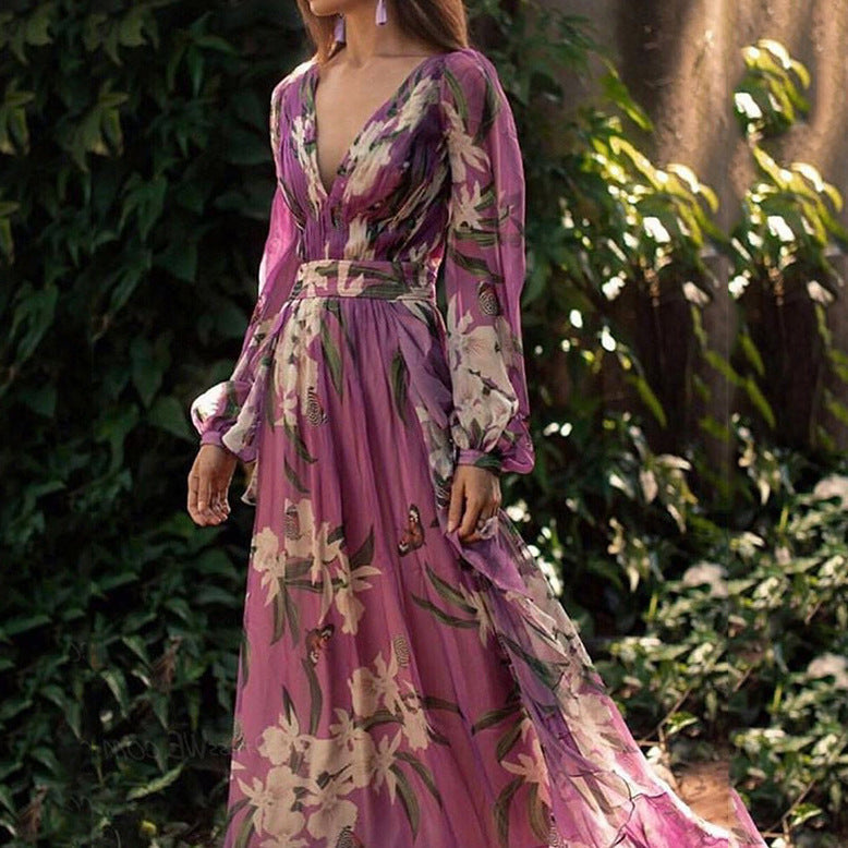 Damen Maxi-Kleid mit floralem Chiffon und elegantem Volant R&B