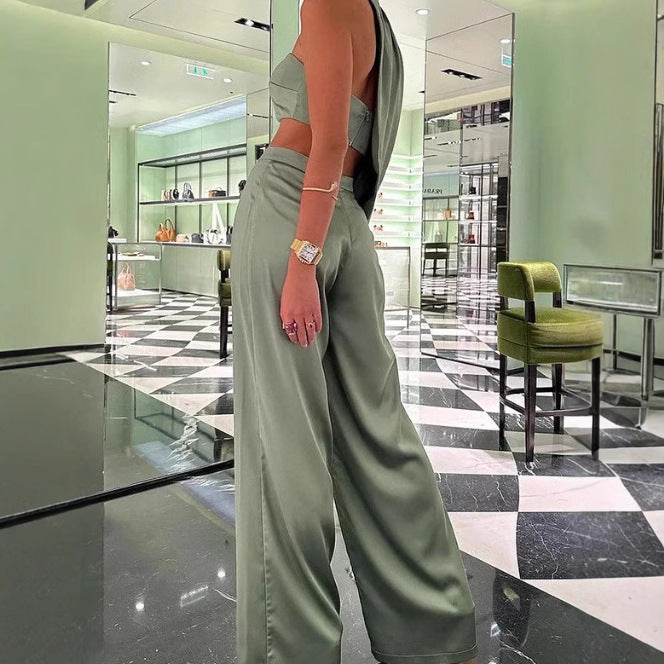 Damen Elegantes Zweiteiliges Set mit asymmetrischem Oberteil und weit geschnittener Hose R&B