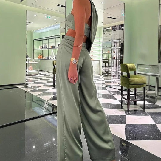 Damen Elegantes Zweiteiliges Set mit asymmetrischem Oberteil und weit geschnittener Hose R&B
